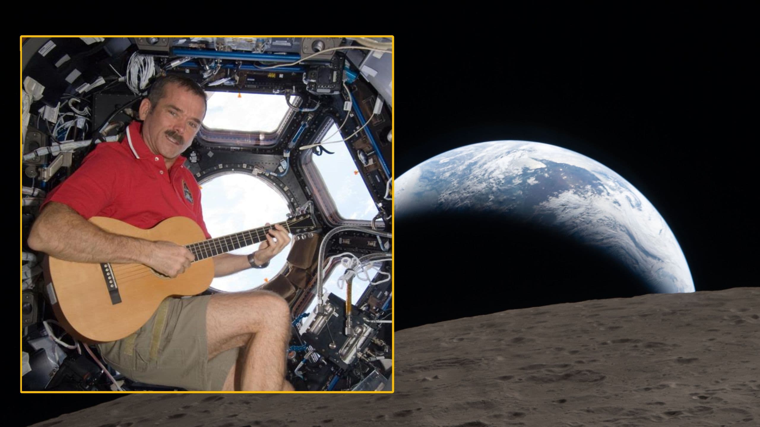 Astronaut Chris Hadfield (left) playing guitar on the International Space Station; in the background, a photo of Earth setting behind the moon as seen by the Artemis II crew.