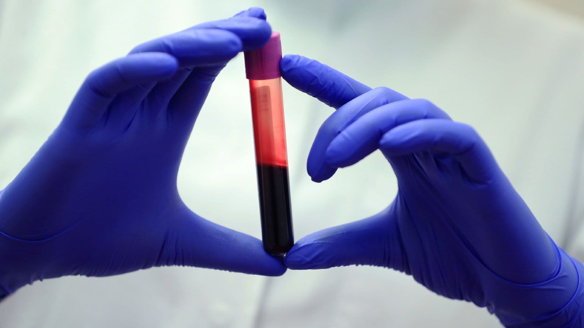 A person wearing all white holds a plastic tube with a pink cap half full of reddish liquid in their two hands covered in purple nitrile gloves. 