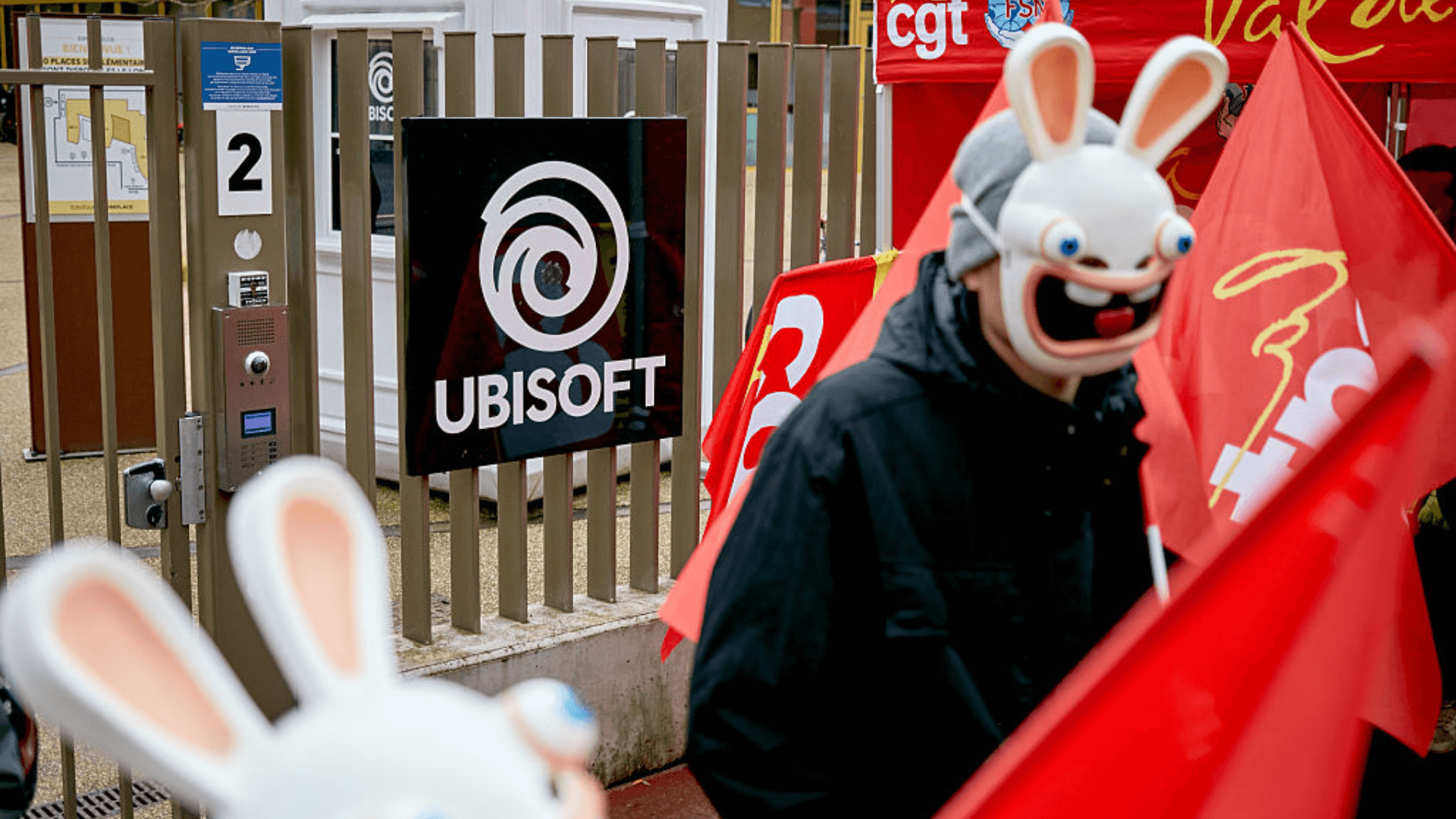 Ubisoft employees protest outside the company's Paris offices on February 10 2026