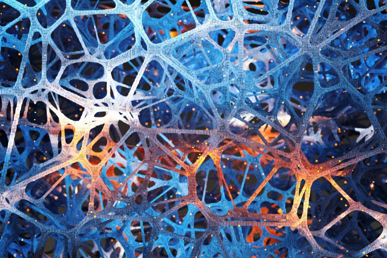 Close-up tu artificial brain with neural activity and orange light dots, artificial intelligence concept. Synapses and neurons are made of cube-shaped particles, 3D render.