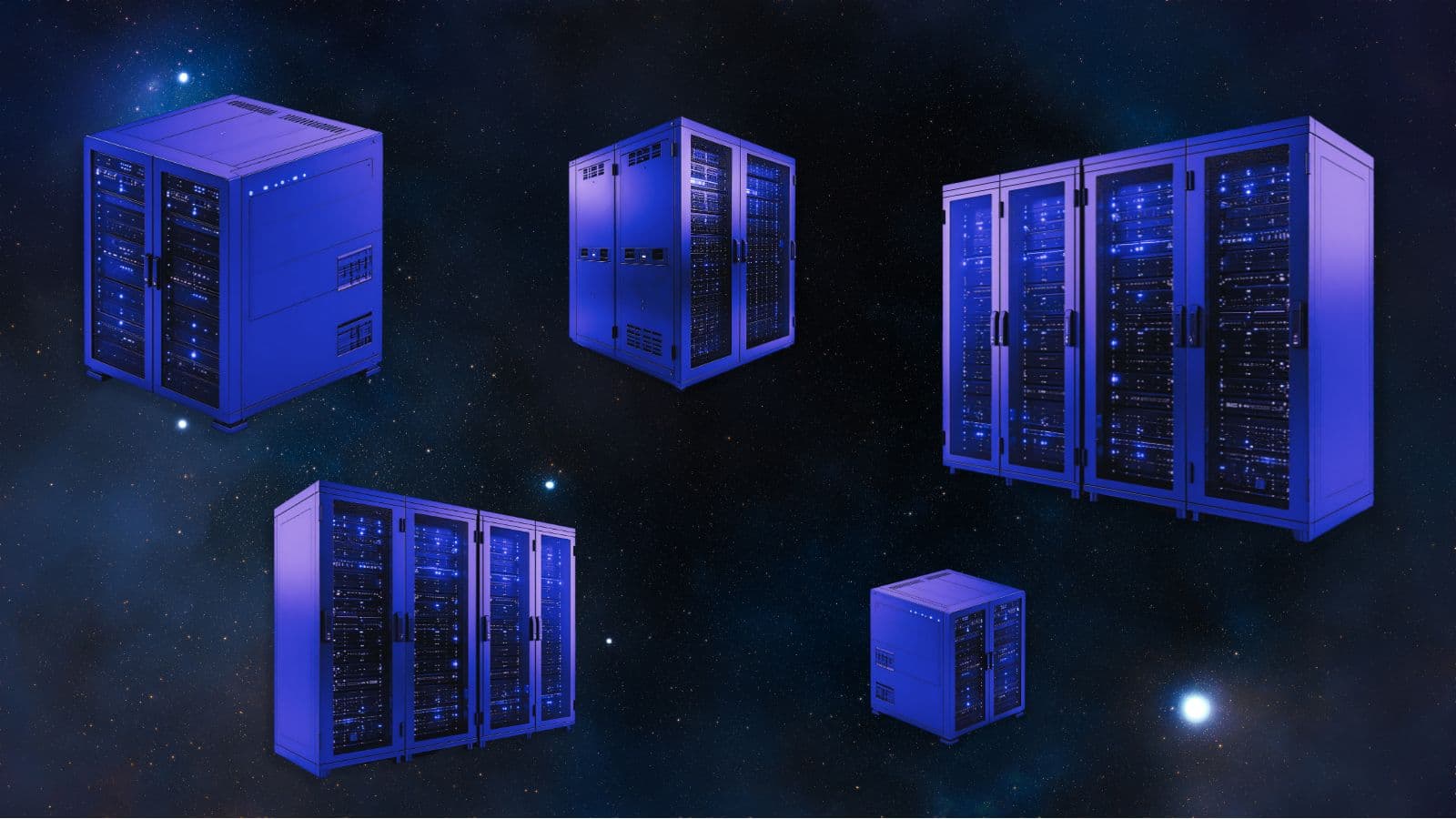 Five blue server racks are displayed against a dark, starry background, with glowing lights highlighting their features.
