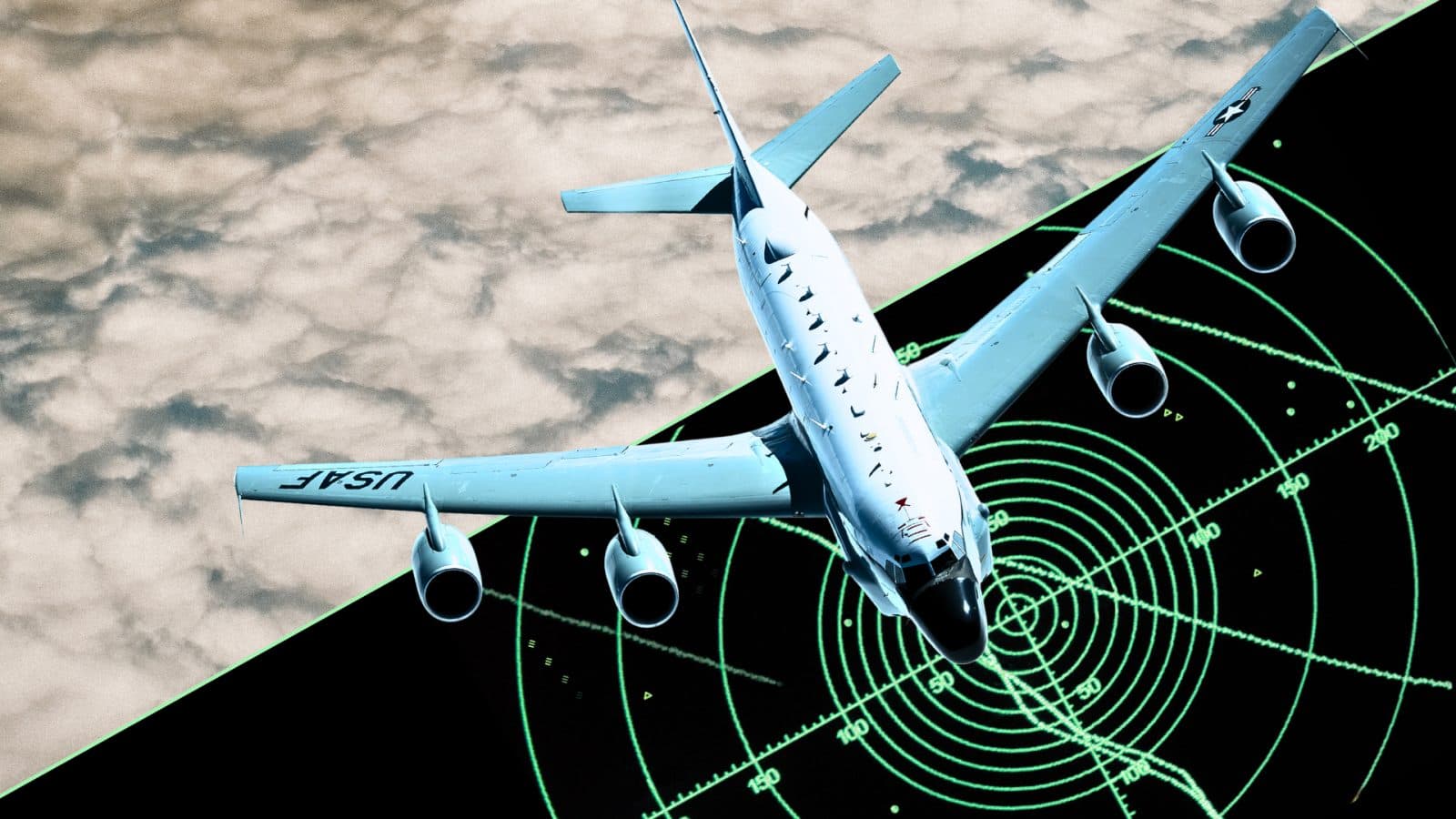 A military aircraft flies above clouds, with a radar graphic overlay in green on the left side of the image.