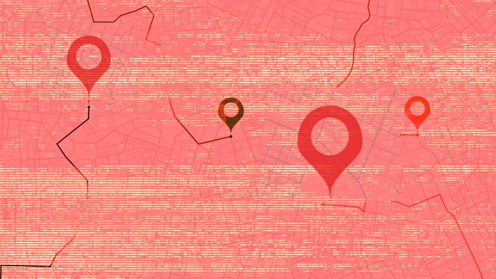 A stylized map showing three location markers in various colors on a textured pink background.