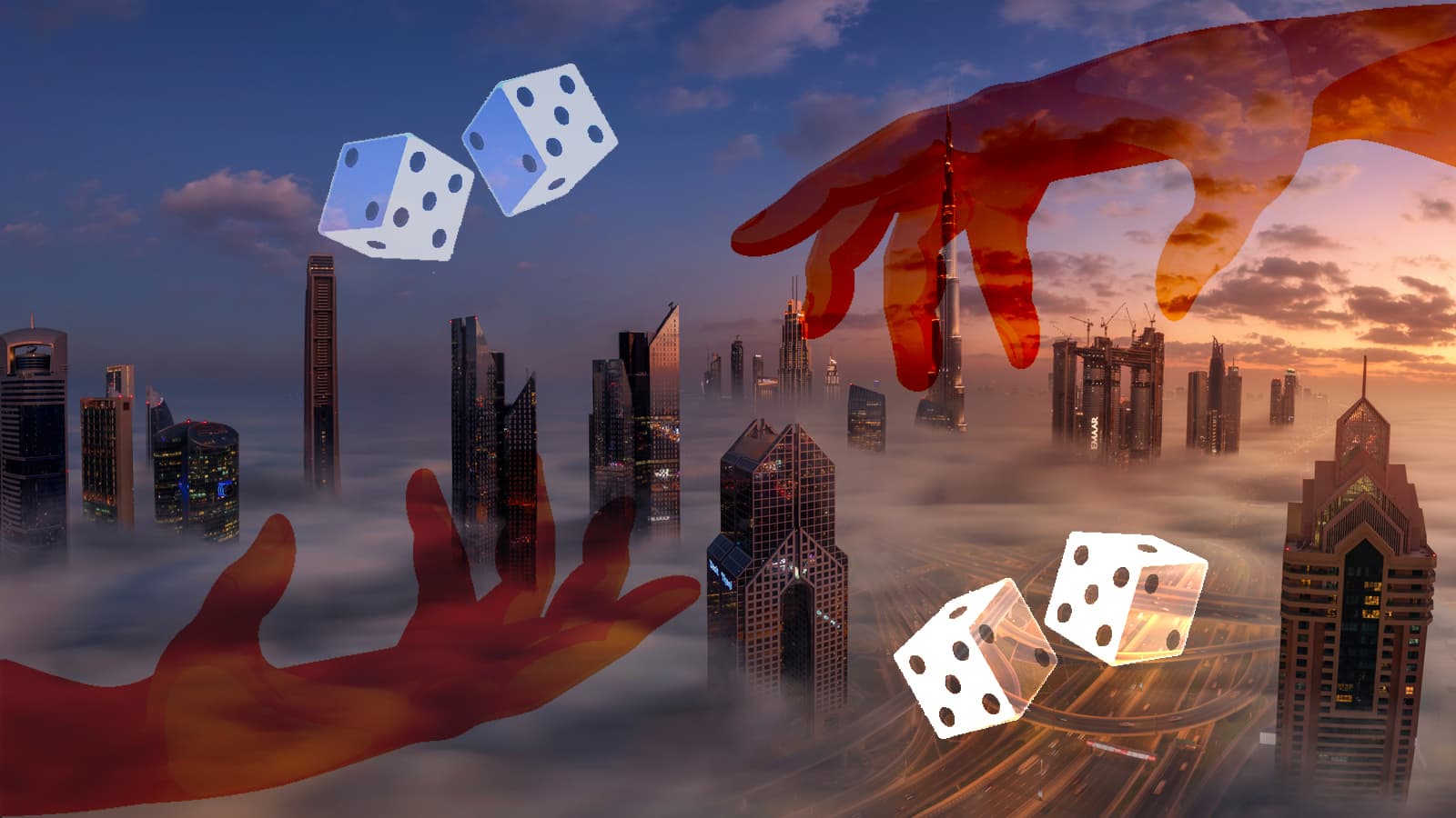 A surreal cityscape featuring hands throwing dice over a skyline shrouded in fog during sunset.