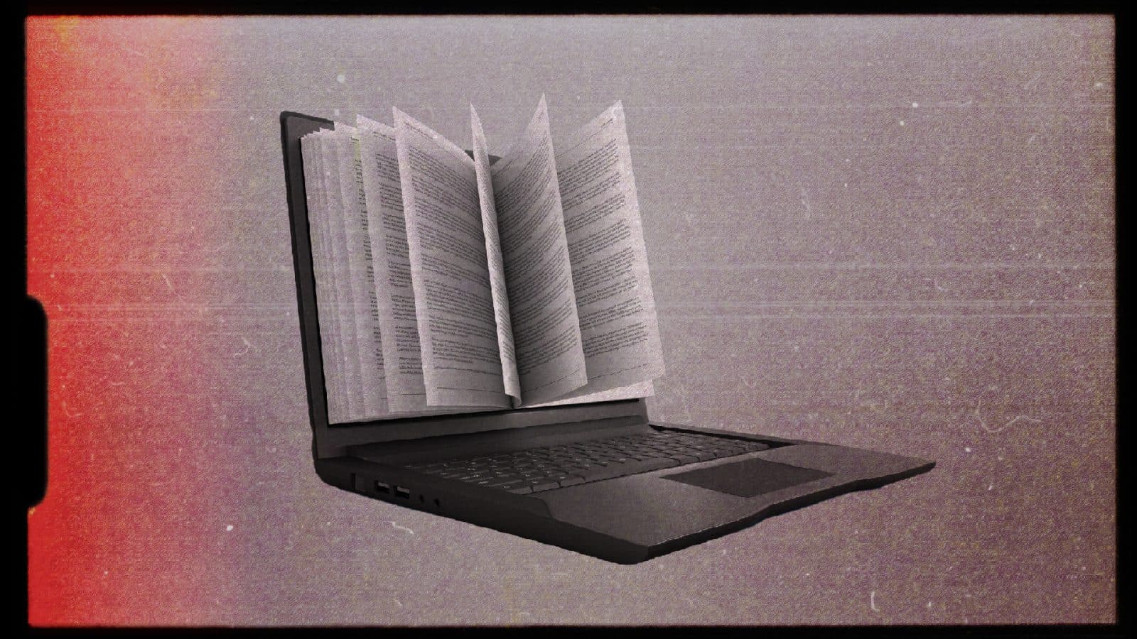 A laptop with pages of a book emerging from its screen, suggesting a blend of technology and reading.