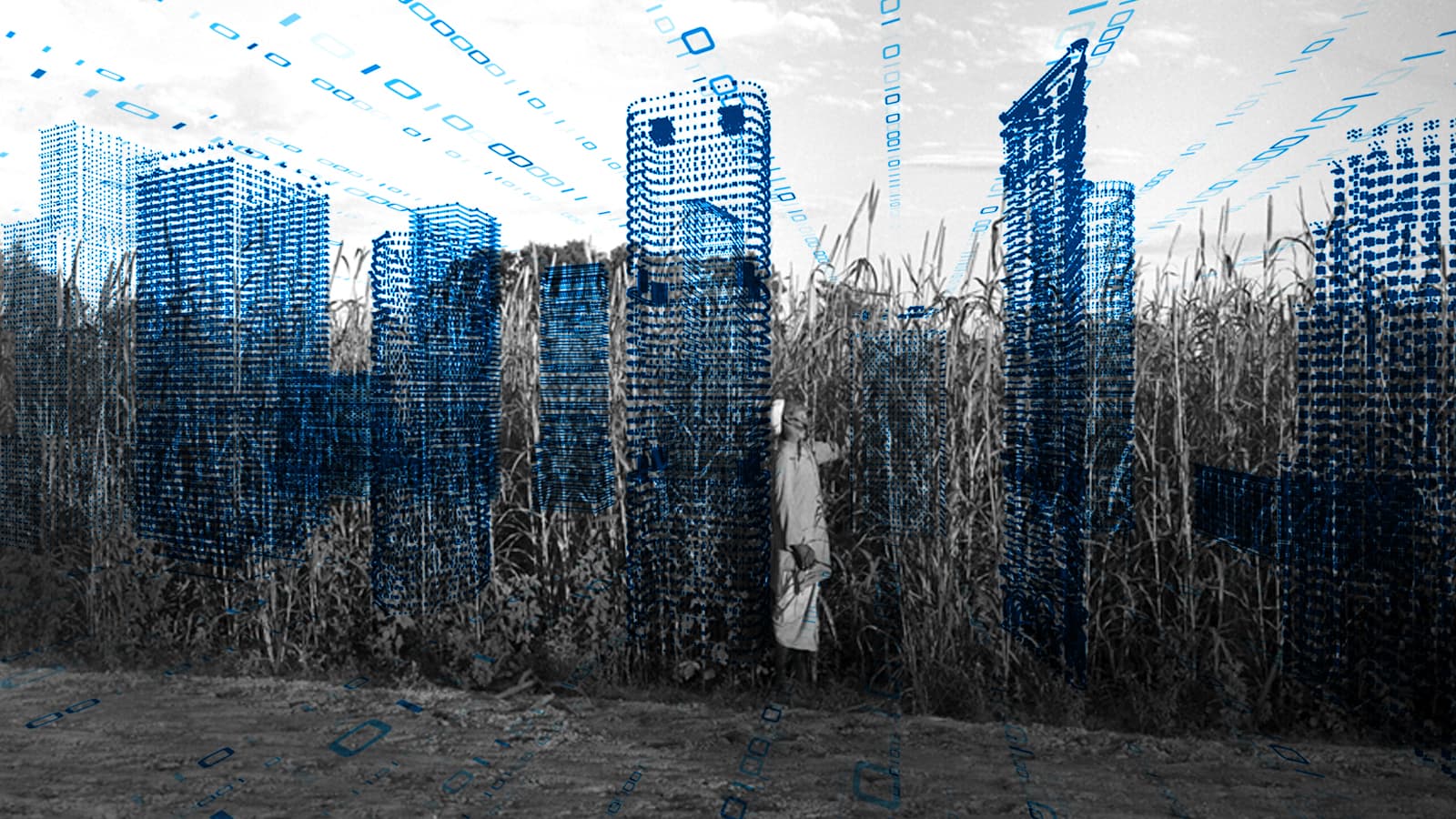 A person stands among tall grass in a field, with digital overlay of data center buildings in the background.