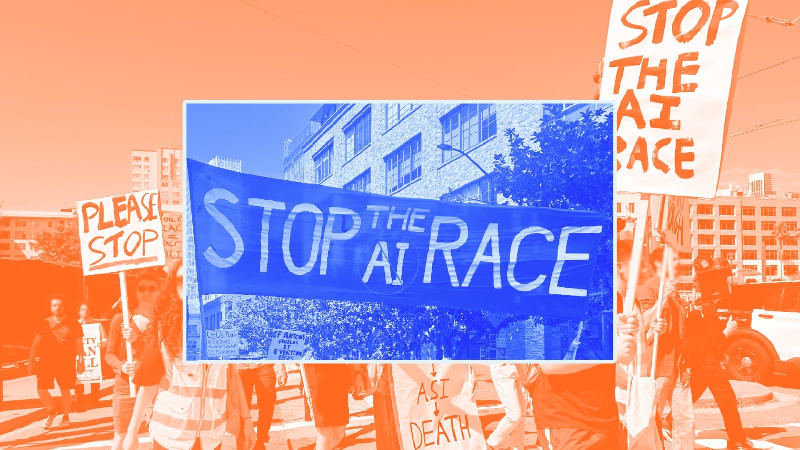 A group of protesters holding signs, with a prominent blue banner reading "STOP THE AI RACE" in the foreground.