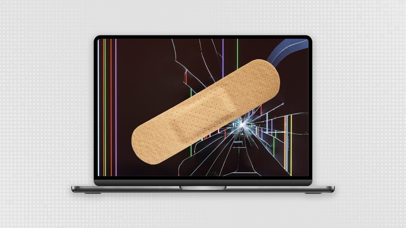A band-aid overlays a broken laptop screen with visible cracks and lines, suggesting a repair theme.