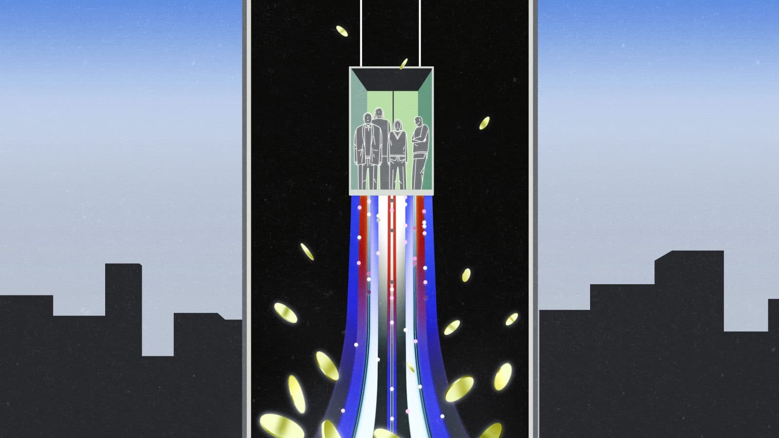 A graphic showing an elevator with people inside, surrounded by colorful, flowing lights and falling coins against a city skyline.