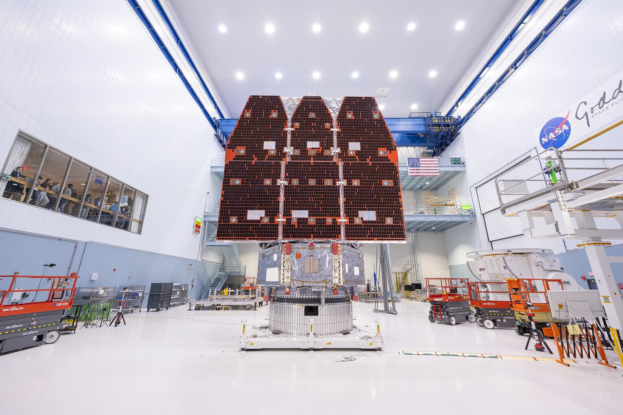 NASA’s Nancy Grace Roman Space Telescope stands fully assembled, following the integration of its two major segments, in the clean room at the agency’s Goddard Space Flight Center in Greenbelt, Maryland. The mission is slated to launch by May 2027, but the team is on track for launch as early as fall 2026.
