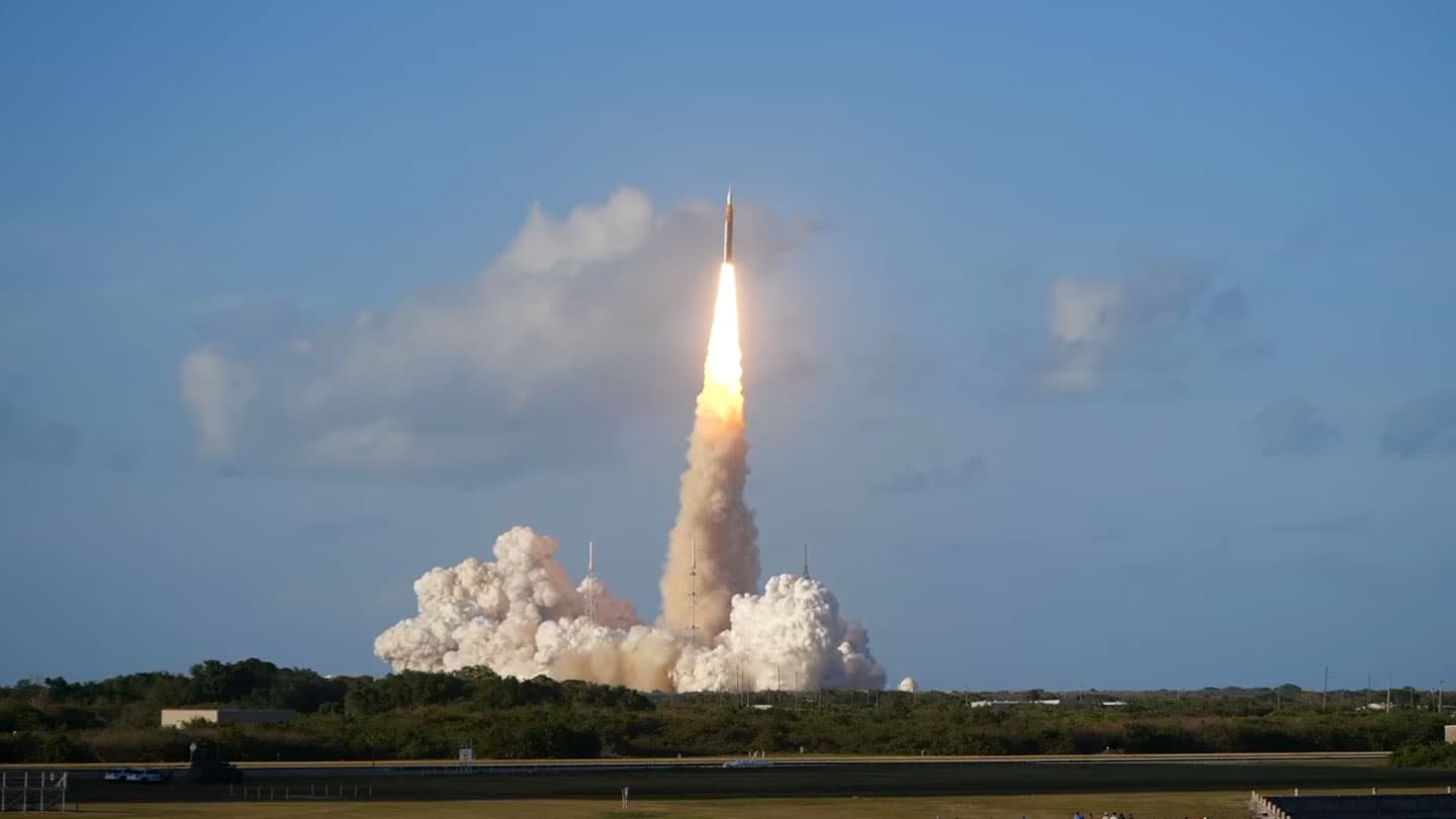 A wide-angle shot of the Artemis II rocket launching against a mostly-clear sky. (via sciencenews.org)