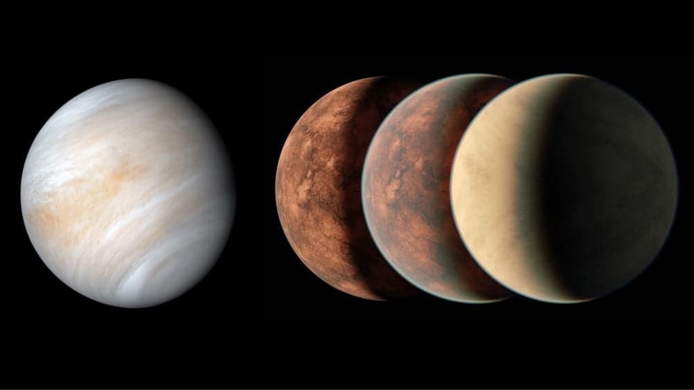 This image shows Venus on the left and three possible atmospheres on a recently discovered exoplanet, Gliese 12b. Arid planets like Gliese 12b, even ones in habitable zones, may not have enough liquid water for habitability. Water plays an important role in Earth's carbonate-silicate cycle, which is responsible for moderating the planet's temperature. But rainfall is a critical part of the cycle, and arid planets with low water abundances may not be able to resist a greenhouse climate state. This may have been what happened with Venus. Image Credit: NASA/JPL-Caltech/R. Hurt (Caltech-IPAC)