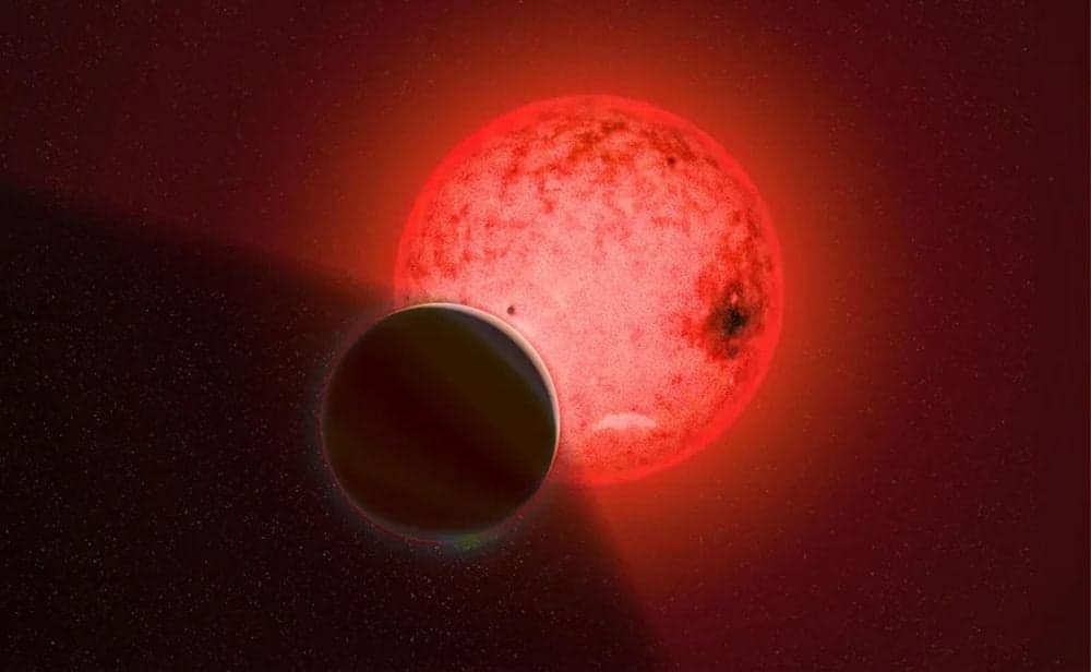 This artist's illustration shows the gas giant TOI-5205 b orbiting its M-dwarf (red dwarf) star. Astronomers expect to find massive gas giants around more massive stars than this, so this arrangement is a puzzle. It's not the only gas giant around a low-mass star, and collectively, they challenge astronomers' understanding of planet formation. Image Credit: Katherine Cain, Carnegie Science.