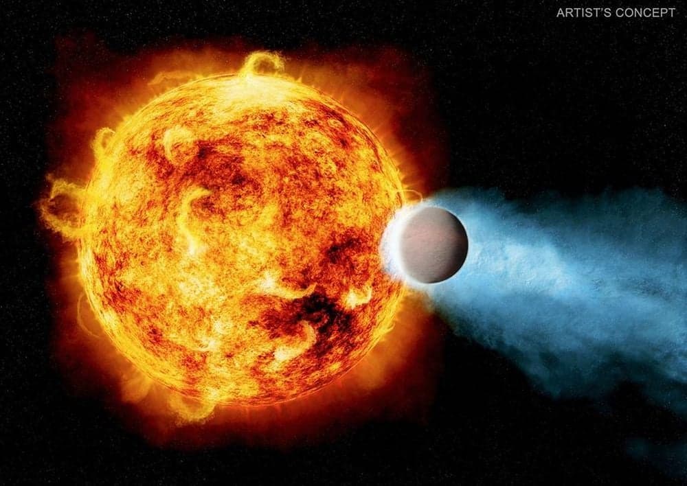 This artist's illustration shows a young, Sun-like star and an orbiting planet. The young star is emitting powerful x-rays that are eroding the planet's atmosphere. This atmospheric stripping likely dooms planets like this from ever being habitable. Image Credit: NASA/SAO/CXC/M. Weiss