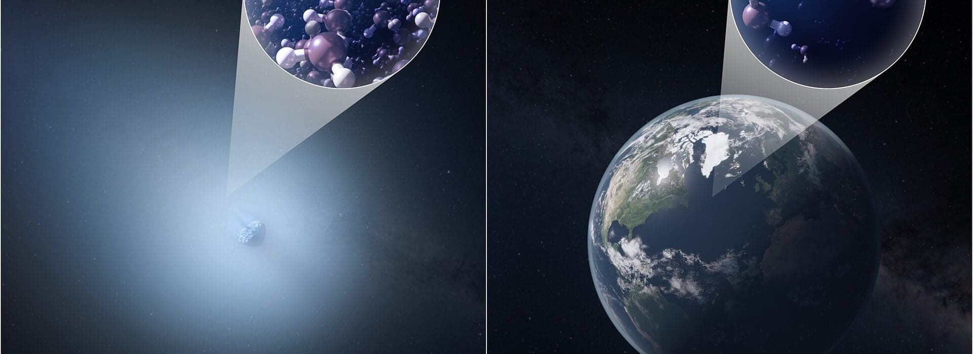This artist’s impression compares the semi-heavy water content of the interstellar comet 3I/ATLAS (left) and Earth (right). Credit: NSF/AUI/NSF NRAO/M.Weiss