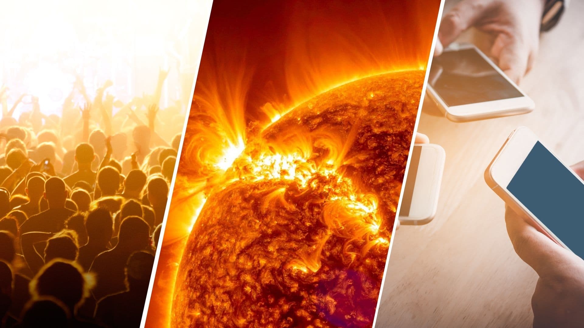 three panel image on the left is a crowd of people, in the center is the sun and on the right is a close up view of people holding phones.