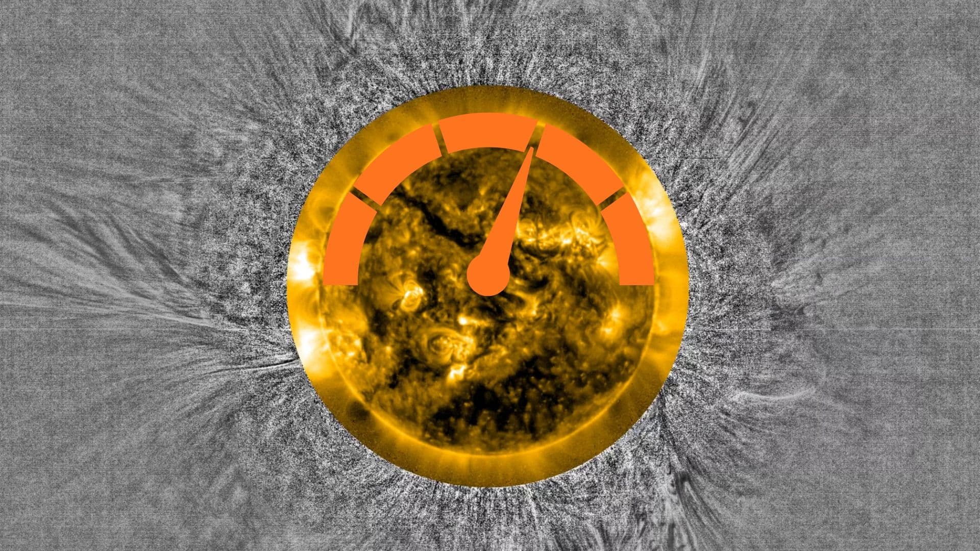 view of the sun with streamers of fast solar wind emanating in all directions.