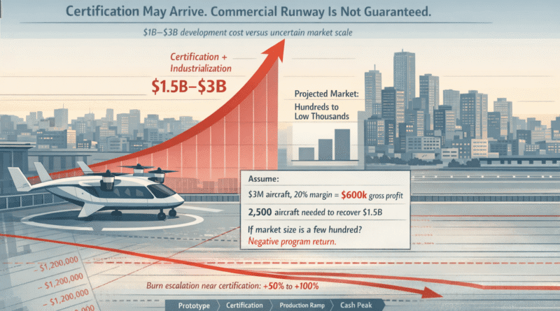 Chatgpt generated illustration showing the tension between certification cost curves and urban air mobility scale.