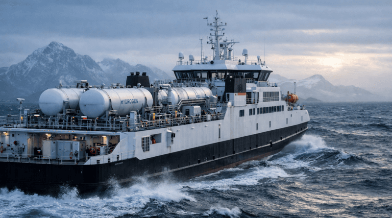 Chatgpt generated image of a hydrogen ferry operating in harsh Norwegian conditions, highlighting exposed systems and engineering complexity.