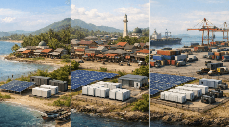 ChatGPT generated illustration of standardized small, medium, and large Indonesian island hybrid power packages for diesel replacement