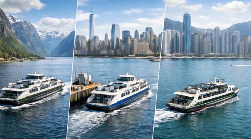 Chatgpt generated global montage showing that ferry electrification is no longer confined to one region or one operating model.