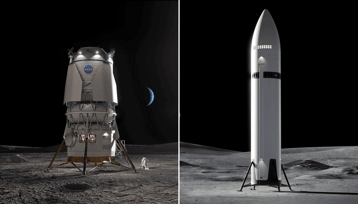 Composite image of Blue Origin's Blue Moon lander (left) and SpaceX's Starship lander (right). (via oig.nasa.gov)