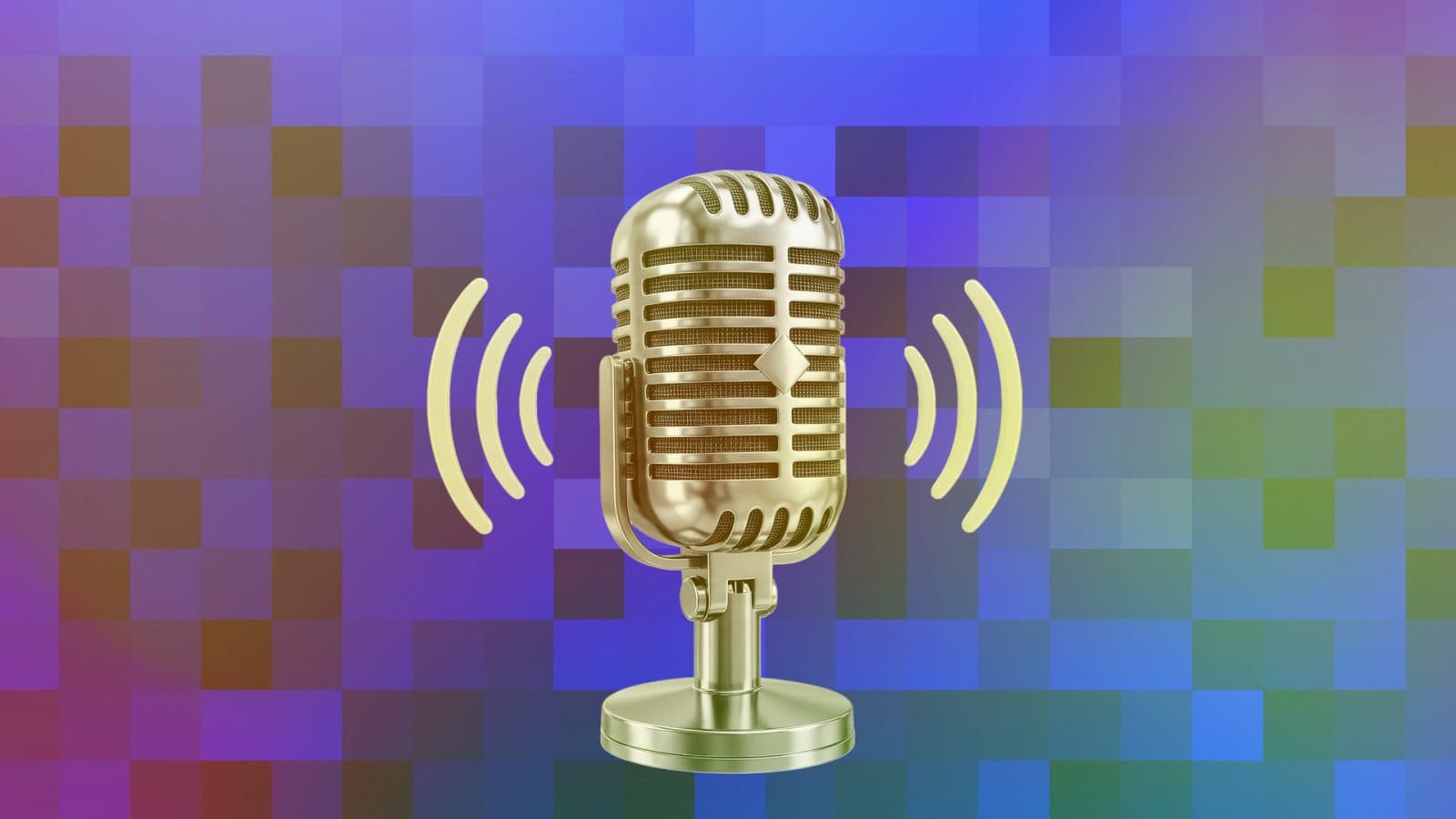 A vintage-style gold microphone with sound waves emanating from it, set against a colorful pixelated background.