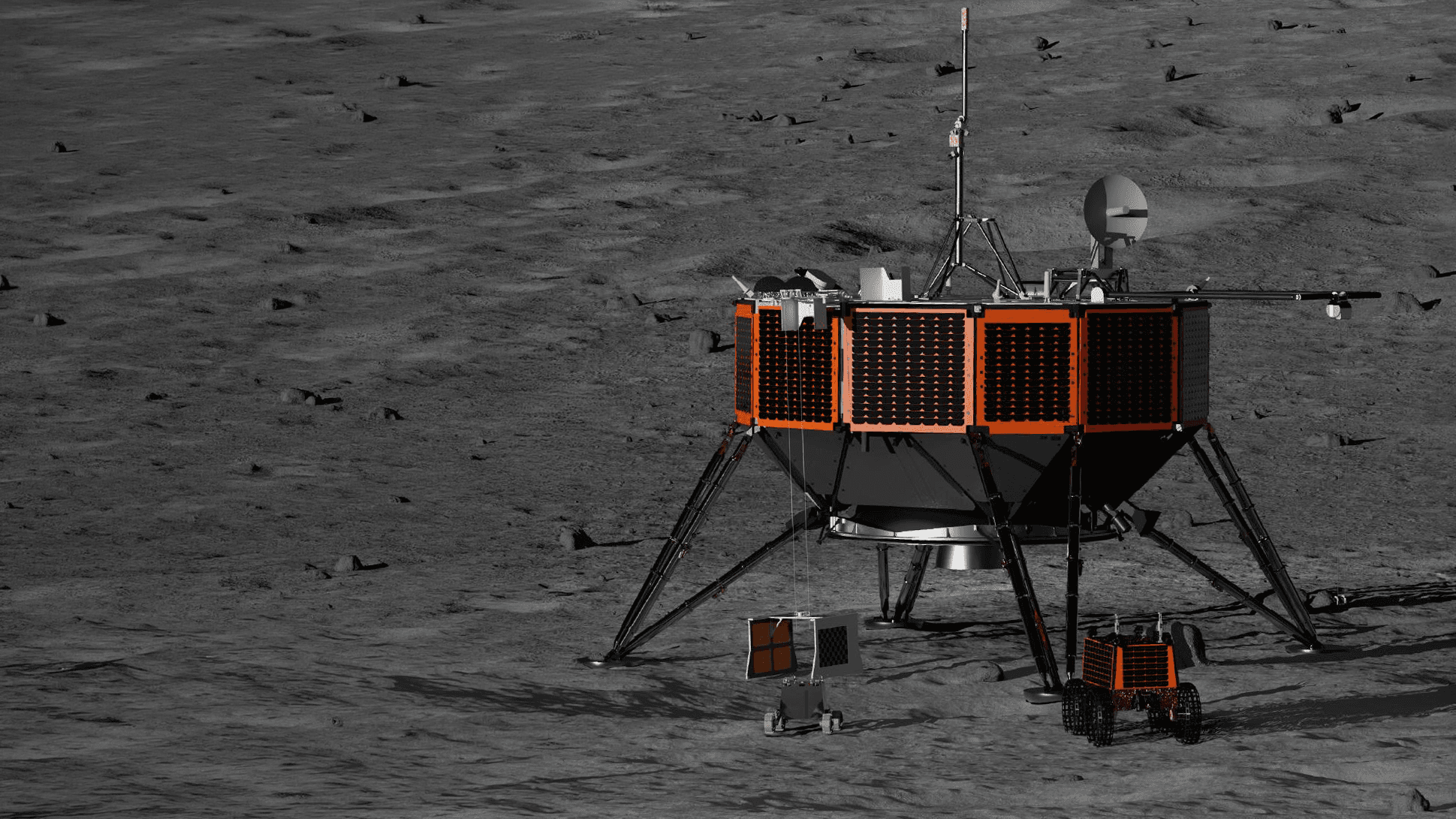 Rendering of the orange and black Nova-D lunar lander between two small lunar rovers on the dark gray surface of the Moon.