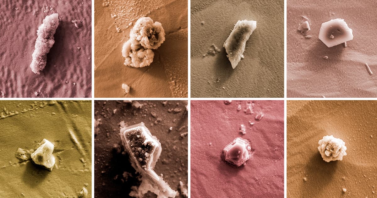 A mosaic of photos of tiny crystals as seen through a microscope.