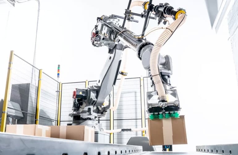 hero image of a honeywell intelligrated palletizing robot.