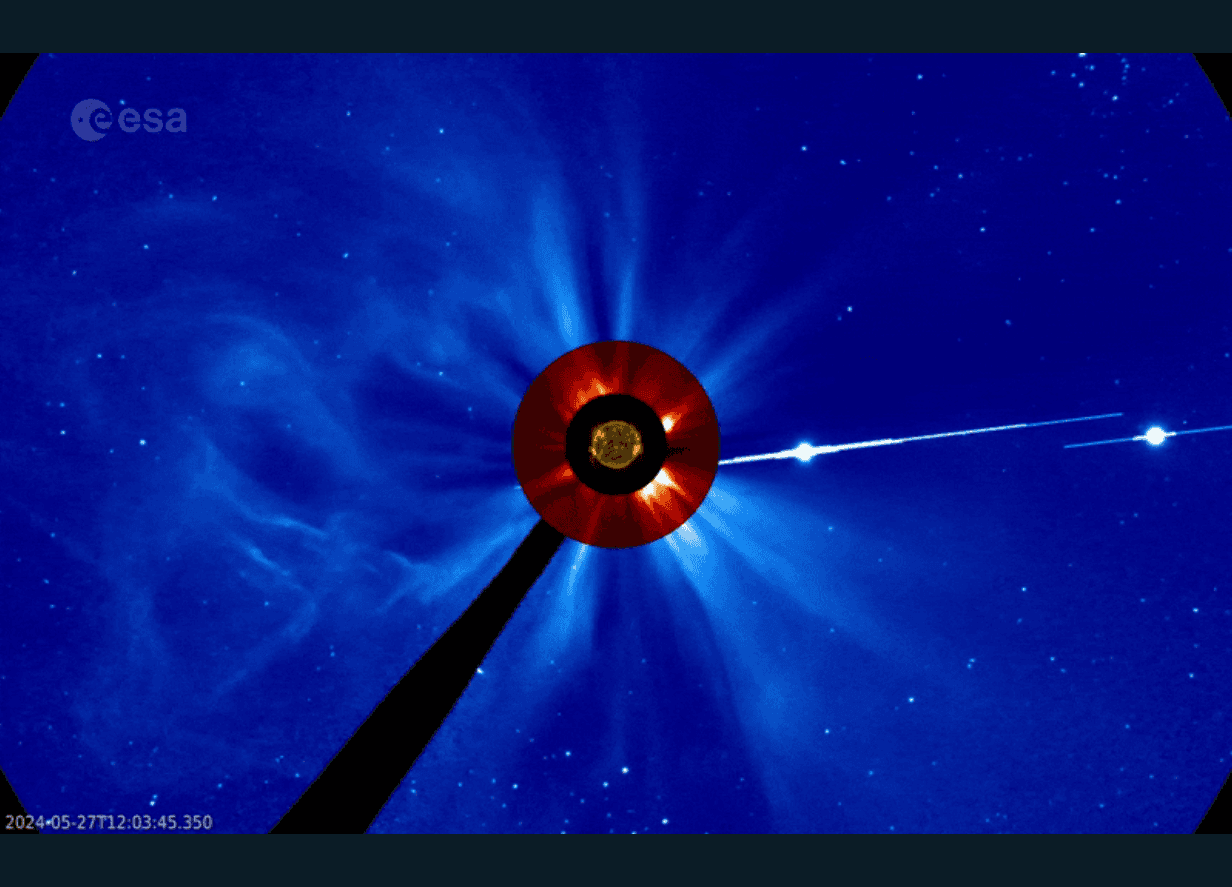 Images of the 2024 solar storm captured by NASA's Solar Dynamics Observatory's instruments, developed by the ESA/NASA. The bright spots to the right of the Sun are Jupiter and Venus. Credit: NASA/ESA