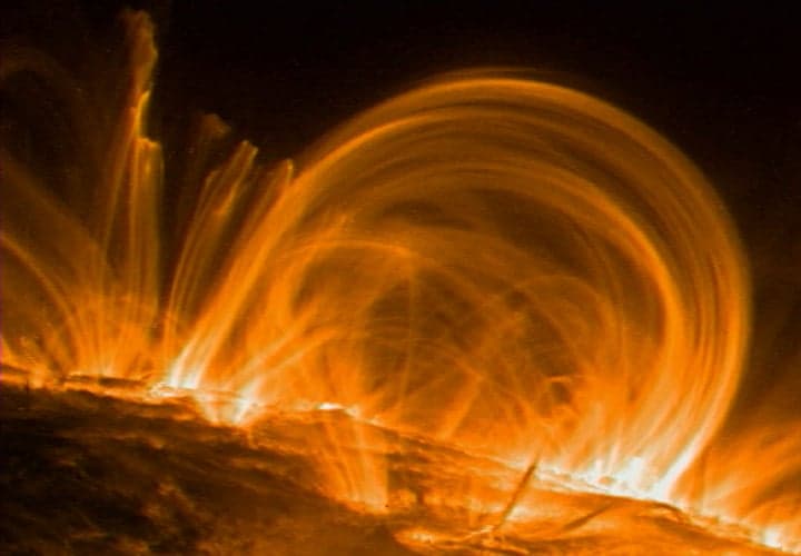 A solar outburst releases charged particles that travel rapidly out through the Solar System. These solar storms pose hazards for astronauts and satellites in space, and can damage Earth-based communications and other technologies. Protecting the Artemis astronauts from these storms during the mission is a primary goal of NASA and NOAA. Credit: NASA/JSC/Goddard